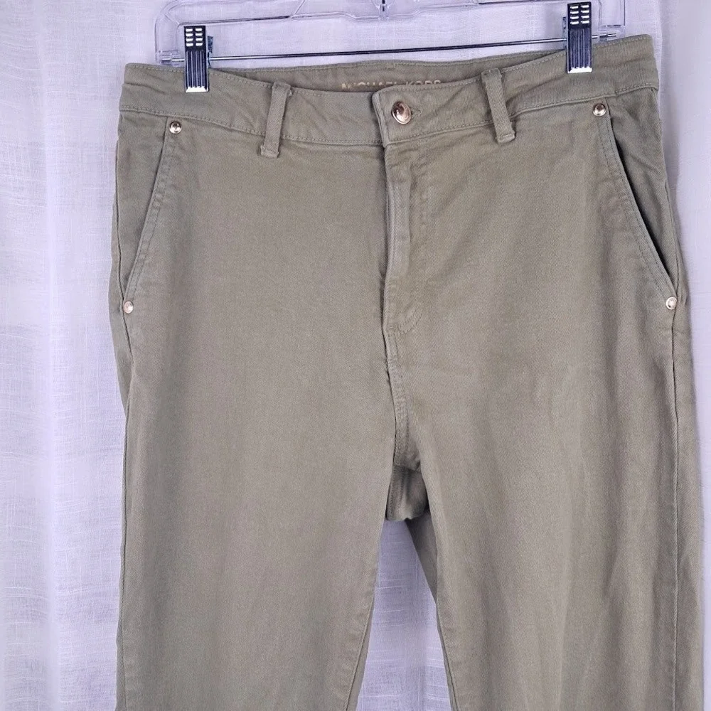 Michael Kors 10 High Rise Selma Flare Jeans Olive Green Stretch Retro 70s-Style